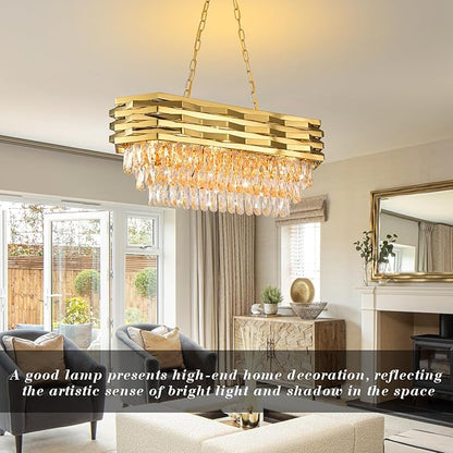 Gold Modern Crystal Chandeliers for Dining Room 8-Light Gold Chandelier Living Room Dining Room Chandelier Oval Ceiling Hanging Light Pendant Light Fixture for Kitchen Island Bar L32 inch