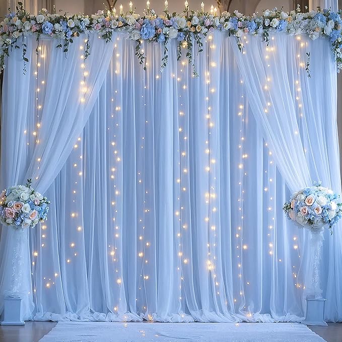 Baby Blue Sheer Tulle Backdrop Curtains with Lights String for Parties Baby Shower Decorations for Boy Bridal Shower Birthday Party Photo Shoot Background Wall Decorations 10×8ft(2 Panels 5×8ft)