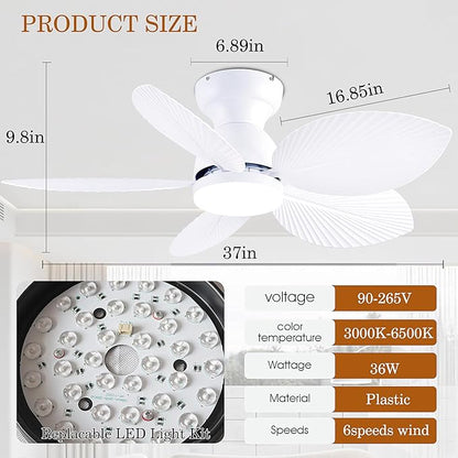 GJeg Tropical Ceiling Fans with Light, 38-inch Flush Mount Palm Leaf Ceiling Fans for Bedrooms, Indoors and Outdoors, Remote Control/APP Control, 6-Speed, Dimmable, Reversible, White.