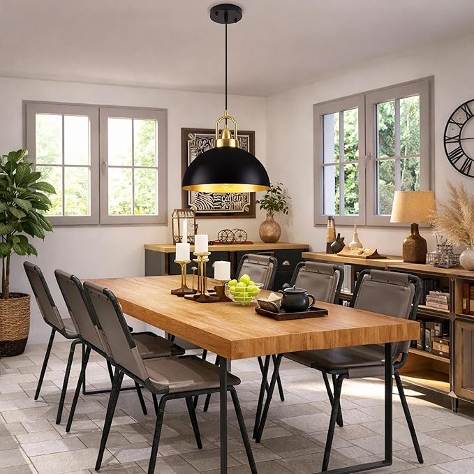 16'' Black Dome Pendant Light, Modern Farmhouse Black Pendant Light Fixture, Large Hanging Ceiling Pendant Lighting for Kitchen Island Dining Room Foyer Hallway Bar Cafe