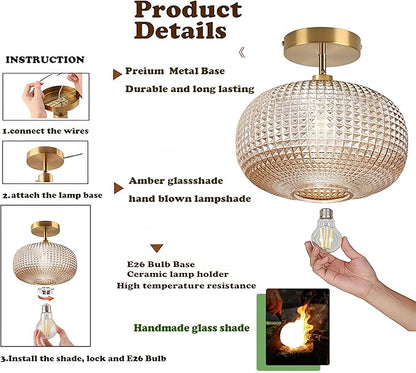 Semi Flush Mount Ceiling Light,Vintage Small Ceiling Light Fixture,Hallway Lighting Fixture with Amber Glass Shade,Art Deco Kitchen Lighting Fixtures Ceiling for Bedroom,Bathroom,Porch
