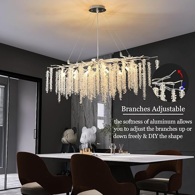 Modern Rectangle Crystal Tree Branch Chandelier, L40'' Silver Linear Art Deco Raindrop Indoor Hanging Pendant Light Fixture for Kitchen Island Dining Room Living Room Foyer 13 Lights