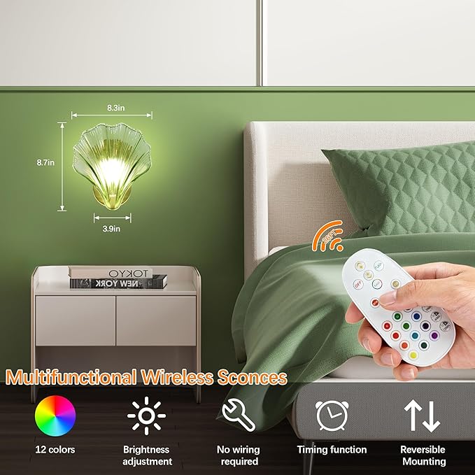 Vintage Battery Operated Wall Sconces with Remote, Green Rechargeable Wireless Wall Sconces with Magnetic LED Bulbs, Indoor Shell Shaped Wall Lights for Living Room, Bedroom, Bedside, Doorway