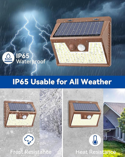 Peasur Solar Outdoor Lights [5 Pack/140LED], 3000K Warm Light Motion Sensor Outdoor Powered Security Lights 3 Working Modes Waterproof for Outside Garden Yard, Brown Frame