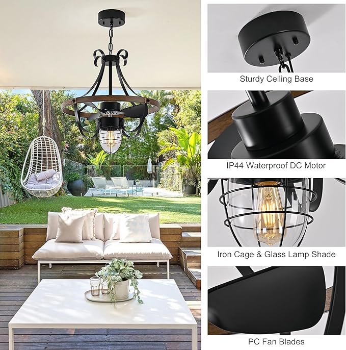 Garwarm Waterproof Outdoor Ceiling Fan with Lights and Remote,IP44 Black Outdoor/Indoor Ceiling Fans for Patios 6-Speed DC Motor, Farmhouse Gazebo Fan for Porch Pavilion