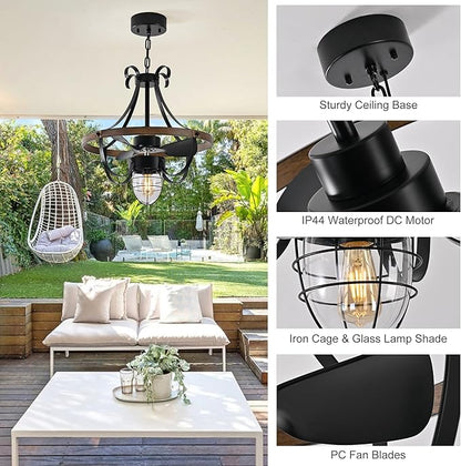Garwarm Waterproof Outdoor Ceiling Fan with Lights and Remote,IP44 Black Outdoor/Indoor Ceiling Fans for Patios 6-Speed DC Motor, Farmhouse Gazebo Fan for Porch Pavilion