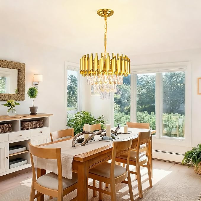 Modern 16-inch Gold Crystal Chandelier, 3-Tier Dimmable Ceiling Pendant Light with Adjustable Chain, Round Flush Mount for Dining Room, Living Room, Bedroom, Kitchen, Foyer