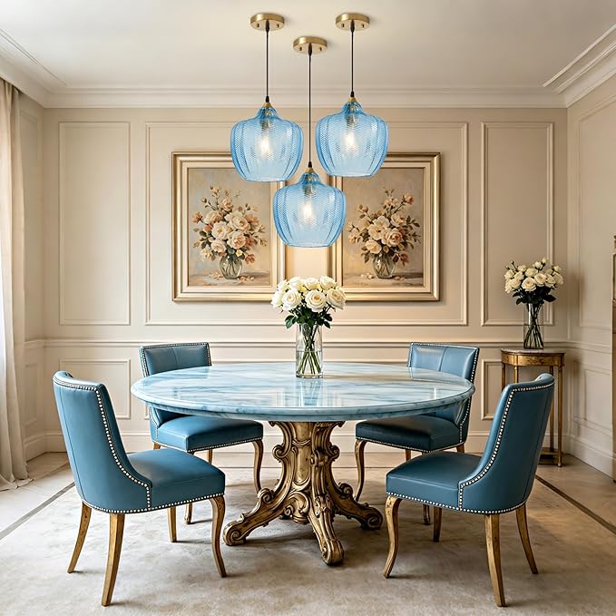 Modern Gold Pendant Light, Blue Glass Farmhouse Kitchen Island Pendant Light Fixture Adjustable Vintage Hanging Ceiling Light for Dining Room Corridor 9.45 inch 1 Pack, UL Certification