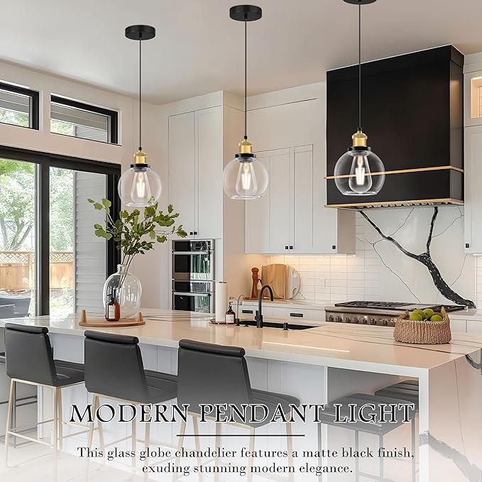 Bagood 6 inch Mini Hanging Pendant Light Contemporary Globe Pendant Lights Kitchen Island Clear Glass with Black Gold Finish Adjustable Hanging Light Fixture for Kitchen Island (Bulb Included)