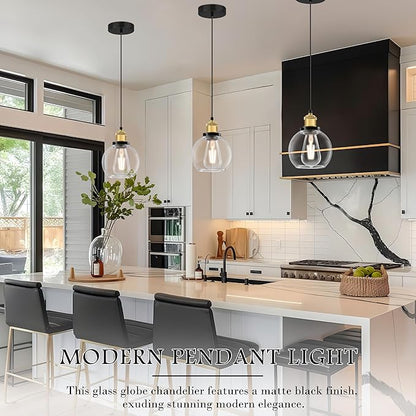 Bagood 6 inch Mini Hanging Pendant Light Contemporary Globe Pendant Lights Kitchen Island Clear Glass with Black Gold Finish Adjustable Hanging Light Fixture for Kitchen Island (Bulb Included)