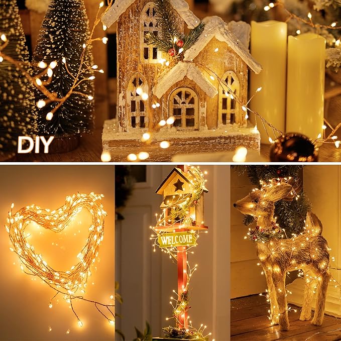 Minetom Fairy Lights Plug in, 23Feet 400LED Cluster String Lights, Copper Wire Waterproof Starry Firecracker Lights for Ceiling Bedroom Wreath Window Wedding Christmas Tree Decorations, Warm White