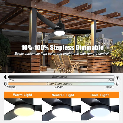 Depuley Outdoor Ceiling Fan with Light: 52 Inch Gazebo Fan Outdoor Hanging - Plug in Waterproof Fans with Lights for Patio - Dimmable Remote App Control Black