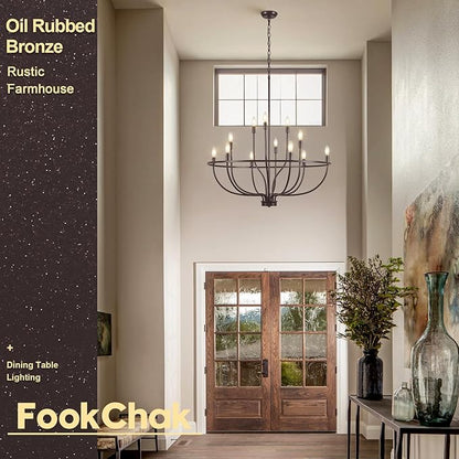 12-Light Farmhouse Oil Rubbed Bronze Chandelier Large High Ceiling Foyer Metal Candle Chandeliers for Dining Room Hanging Lighting for Kitchen Living Room Entryway, 36in