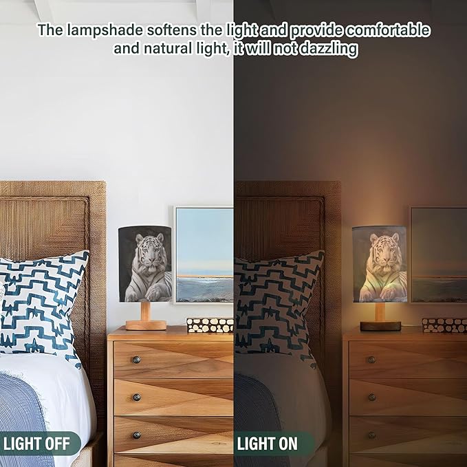 White Tiger Table Lamp with Wood Base Fabric Lamp Shade Bedside Nightstand Desk Lamp for Living Room Bedroom Kids Room Office