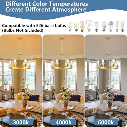 9MMML Gold Wagon Wheel Chandelier, 6-Light Industrial Pendant Light, 20'' Farmhouse Ceiling Hanging Chandelier Light Fixture for Living Room, Bedroom, Entryway, Foyer