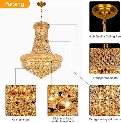 Crystal Chandeliers for Dining Room Light Fixture,Empire Style K9 Crystal Chandeliers for Entryway,12 Lights Gold Luxury Lighting Fixtures for Living Room Stairway Bedroom Foyer D22 Inch