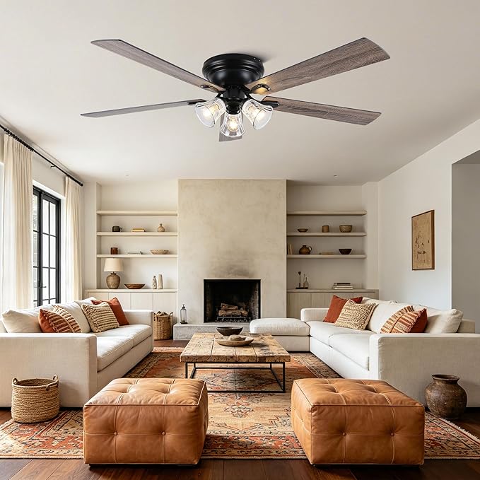60'' Flush Mount Ceiling Fan with Light and Remote, 5 Reversible Wood Blades,3 Clear Seeded Glass Light Fixtures,6-Speed Quiet DC Motor,Farmhouse Ceiling Fan for Bedroom Living Room Patio