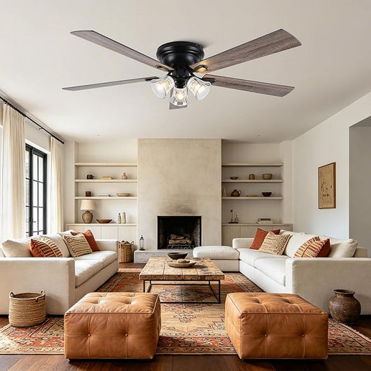 60'' Flush Mount Ceiling Fan with Light and Remote, 5 Reversible Wood Blades,3 Clear Seeded Glass Light Fixtures,6-Speed Quiet DC Motor,Farmhouse Ceiling Fan for Bedroom Living Room Patio