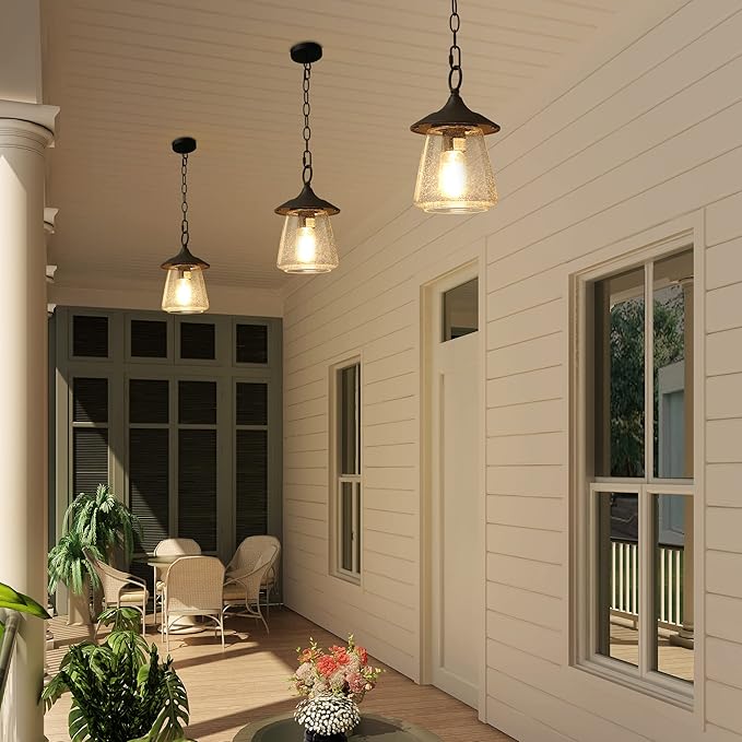 LOG BARN Outdoor Pendant Lights, Porch Fixture in Painted Black Metal with Clear Bubbled Glass Globe, Hanging Lantern Lamp for Gazebo, Entry, Yard