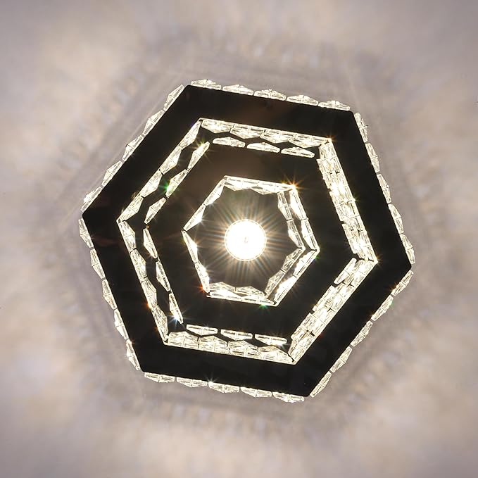 Modern Crystal Chandelier LED Flush Mount Ceiling Light Hexagonal Pendant Lamp Fixture 3 Color Changing Ceiling Light for Bedroom Hallway Bar Living Room Bathroom