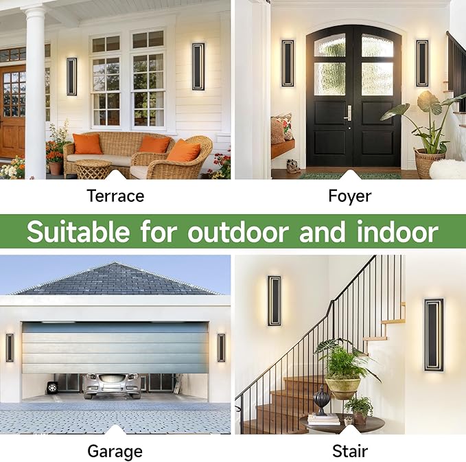23.6 in Outdoor Wall Light Fixture,Black Outdoor Modern Square Wall Lights for Hallway, 2-Tier Garage Side Wall Sconces,Waterproof Front Porch Light Integrated 3000K 36W LED Light Bead,2PCS