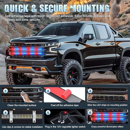 Nilight 2PCS 24 inch Truck Grille Strobe Lights Strip 384 LED Emergency Light Red Blue Flexible Side Flashing Warning Caution Safety Waterproof Lighting Kit for Trucks Tow Plow Construction Vehicles