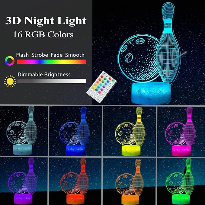 Bowling Night Light, Bowling Gifts 3D Illusion Lamp with 16 Colors Changing, Timer, 4 Flash Modes and Dimmable, Kids Boys Girls Room Decoration, Holiday Xmas Gifts