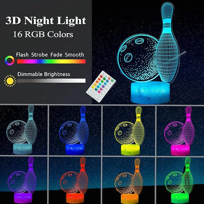 Bowling Night Light, Bowling Gifts 3D Illusion Lamp with 16 Colors Changing, Timer, 4 Flash Modes and Dimmable, Kids Boys Girls Room Decoration, Holiday Xmas Gifts