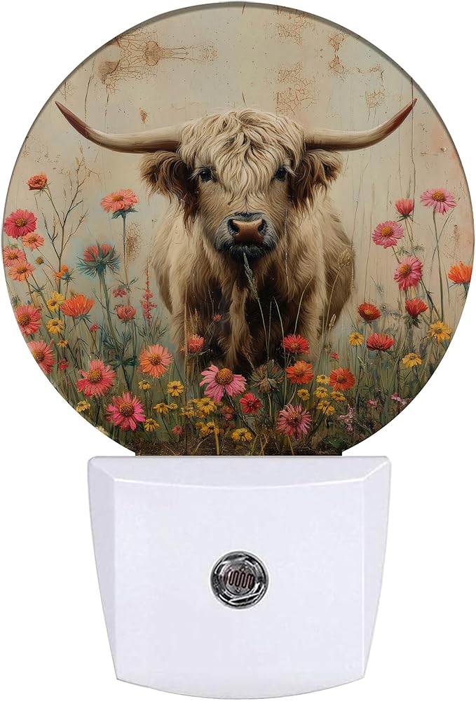 Highland Cow Night Light,Flowers Night Lights Plug into Wall for Kitchens Toilets Bedroom Decorative Half Round Nightlight Led Lamp 0.5W Sleep Friendly