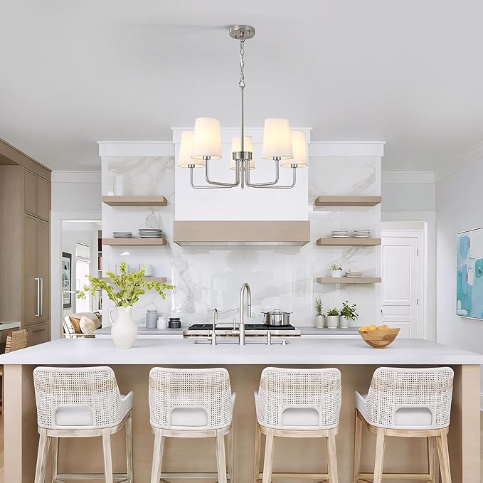 Modern Brushed Nickel 5-Light Chandelier, Farmhouse Industrial Dining Room Light Fixture Over Table with White Fabric Shade, Hanging Pendant Lighting for Kitchen Island Bedroom Living Room Entryway
