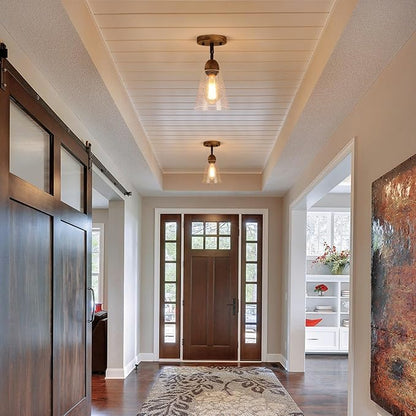 Rustic Farmhouse Glass Flush Mount Ceiling Light Fixture Mini Clear Seeded Glass Shade and Oak Wood Semi Flush Mount Ceiling Light for Kitchen Hallway Entryway Sink Farmhouse