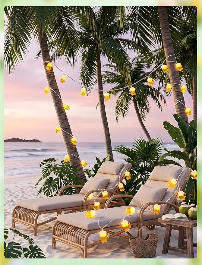 Outdoor Beer Mug String Lights Plug in, 8.5Ft 10 LED Tropical Beach Theme Beer String Lights for Cinco de Mayo Party Decorations, Hanging Tropical Party Lights Waterproof for Backyard Garden Bar Patio