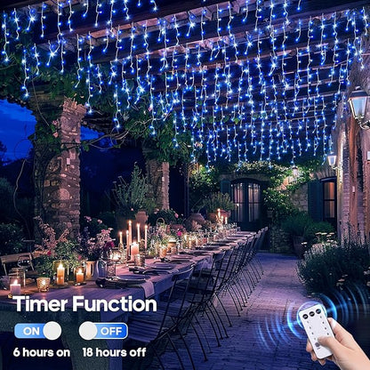 JMEXSUSS Blue&White Icicle Lights - 38.8FT 400 LED Icicle String Lights with Remote for Indoor/Outdoor, House, Bedroom, Fireplace, Birthday, Christmas Decorations