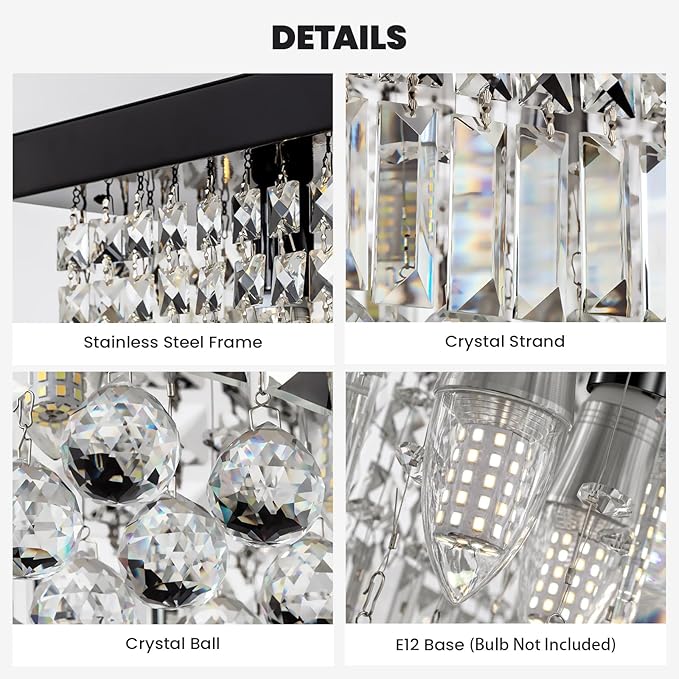 7PM Rectangle K9 Crystal Chandelier, 13-Light Modern Dining Room Linear Ceiling Chandelier, Rectangular Pendant Lighting Fixture for Kitchen Island Bedroom, Black Finish L59'' x W10'' x H9''