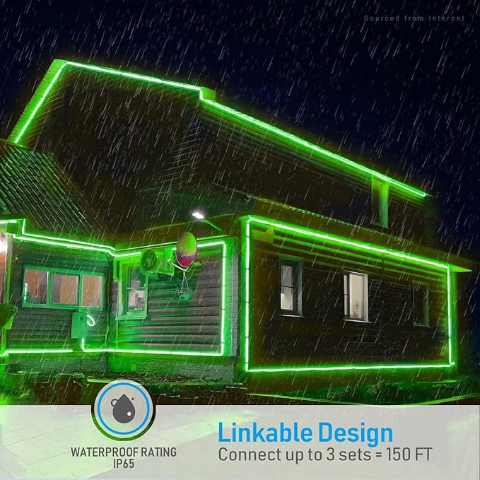 LEONLITE 50FT LED Neon Rope Lights, Outdoor IP67 Waterproof, Christmas Festival Decor, 120V UL Plug, ETL Connectable LED Neon Strip Lights for Shop Sign, Max 3 Sets(150FT), Green Light