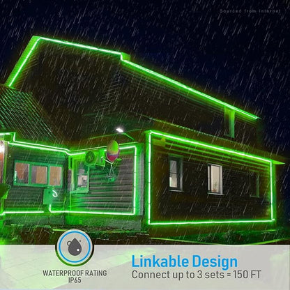 LEONLITE 50FT LED Neon Rope Lights, Outdoor IP67 Waterproof, Christmas Festival Decor, 120V UL Plug, ETL Connectable LED Neon Strip Lights for Shop Sign, Max 3 Sets(150FT), Green Light