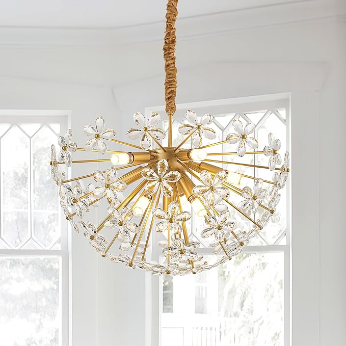 24" Modern Gold Crystal Sputnik Chandelier for Dining Living Room Glam Luxury Petal Semicircle Chandelier 8-Light for Foyer Hallway Elegant Pendant Ceiling Light Fixtures for Kitchen Bedroom