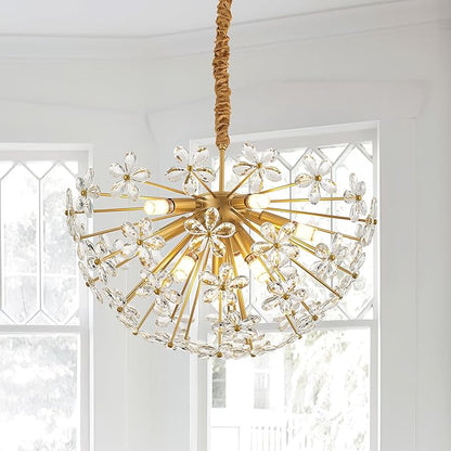 24" Modern Gold Crystal Sputnik Chandelier for Dining Living Room Glam Luxury Petal Semicircle Chandelier 8-Light for Foyer Hallway Elegant Pendant Ceiling Light Fixtures for Kitchen Bedroom