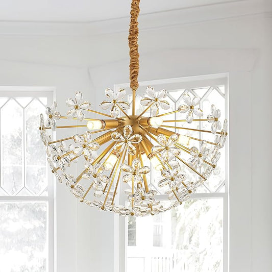 24" Modern Gold Crystal Sputnik Chandelier for Dining Living Room Glam Luxury Petal Semicircle Chandelier 8-Light for Foyer Hallway Elegant Pendant Ceiling Light Fixtures for Kitchen Bedroom