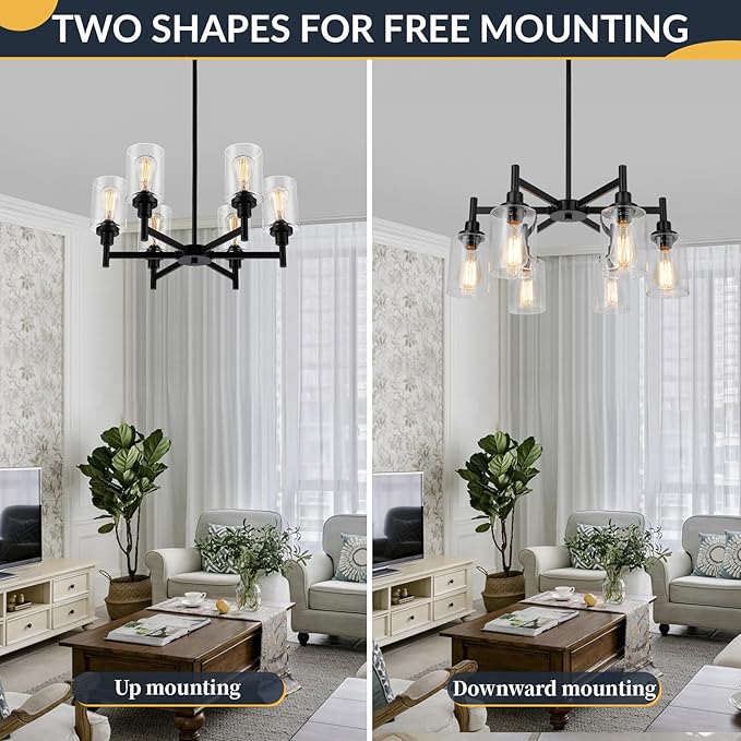 Black Chandelier, 6 Light Farmhouse Chandeliers for Dining Room Light Fixtures Over Table, Industrial Hanging Lighting with Clear Glass Shade for Living Room Kitchen Island Bathroom Entryway Bedroom