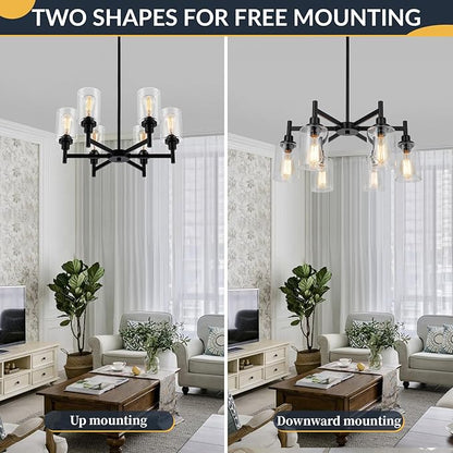 Black Chandelier, 6 Light Farmhouse Chandeliers for Dining Room Light Fixtures Over Table, Industrial Hanging Lighting with Clear Glass Shade for Living Room Kitchen Island Bathroom Entryway Bedroom