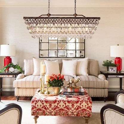 Wellmet Dining Room Crystal Chandelier 40 Inch Antique Bronze Rectangle Chandeliers 7 Lights Farmhouse Hanging Ceiling Large Light Fixtures for Kitchen Island, Living Room, Entryway