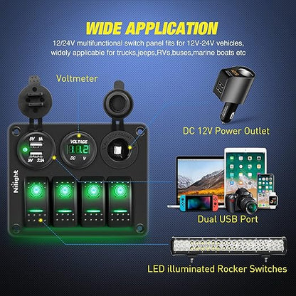 Nilight 4Gang Rocker Switch Panel with USB Charger Voltmeter and Cigar Lighter 12V 24V Toggle ON Off Green Night Glow Stickers for Cars Rvs Trucks