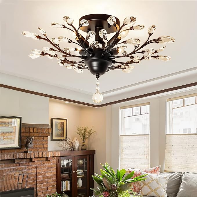 Garwarm 4 Lights Vintage Crystal Chandeliers Ceiling Lights Crystal Pendant Lighting Ceiling Light Fixtures Chandeliers Lighting for Living Room Bedroom Restaurant Porch Chandelier(Black)