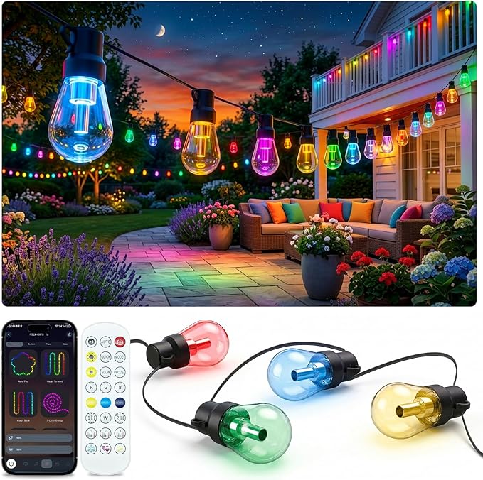 Beizelte Outdoor String Lights, 140FT RGB+IC Outside Light Dimmable Shatterproof LED Bulbs, IP67 Waterproof Chasing Effect Lighting DreamColor Patio Strip Lights for Backyard, Balcony, Outdoor Living
