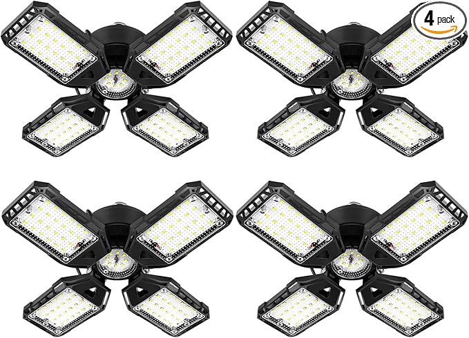 Aoretic LED Garage Lights 4 Pack -120W, 12000LM 6500K Led Shop Light with 4+1 Deformable Panels, Basement Barn Light Garages Ceiling Lights, E26/E27 for Garage, Warehouse, Shop