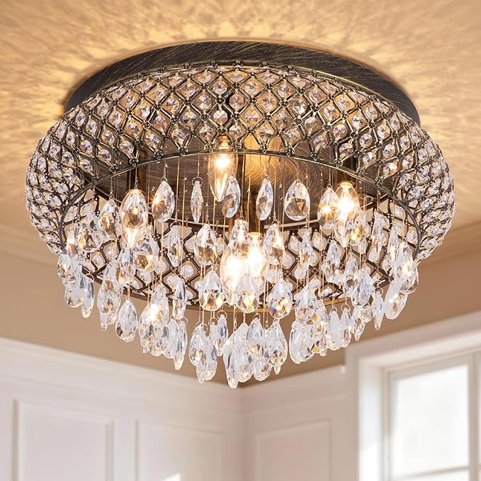 Maxax 19.5'' Crystal Bronze Chandelier, 5-Light Large Vintage Farmhouse Ceiling Light Fixture, Drum Raindrop Metal Shade, French Empire, for Living Room Bedroom Dining Room Kitchen Entryway