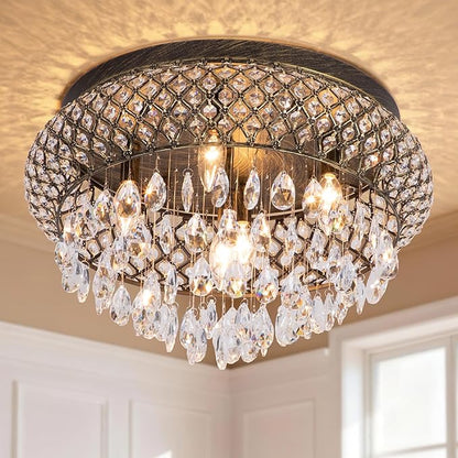 Maxax 19.5'' Crystal Bronze Chandelier, 5-Light Large Vintage Farmhouse Ceiling Light Fixture, Drum Raindrop Metal Shade, French Empire, for Living Room Bedroom Dining Room Kitchen Entryway