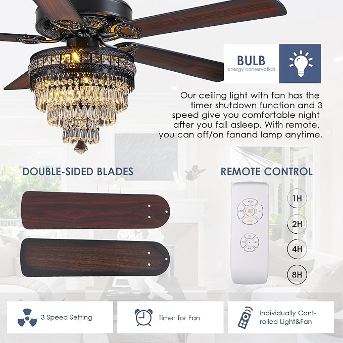 Asyko Crystal Ceiling Fan Fandelier with Lights - Modern Black Chandelier Fans with Remote Control，Noiseless AC Motor, Retro/Farmhouse Lighting, Dining Room， Living Room (52"
