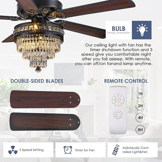 Asyko Crystal Ceiling Fan Fandelier with Lights - Modern Black Chandelier Fans with Remote Control，Noiseless AC Motor, Retro/Farmhouse Lighting, Dining Room， Living Room (52"